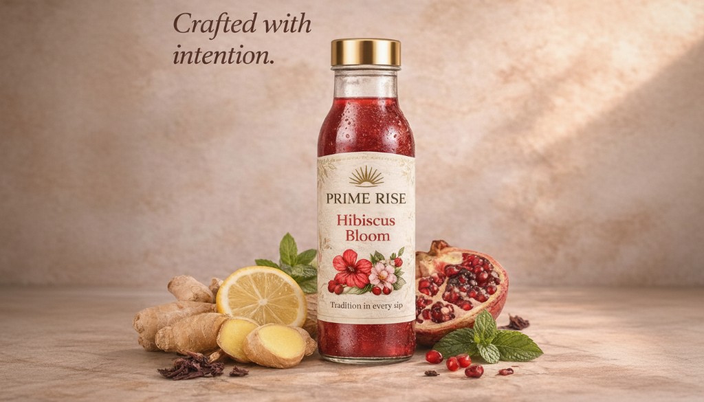 Prime Rise Hibiscus Bloom — botanical bottle with ginger, lemon, mint, and pomegranate; Crafted with intention.