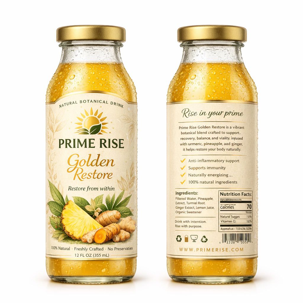 Golden Restore — natural botanical drink, front and back labels