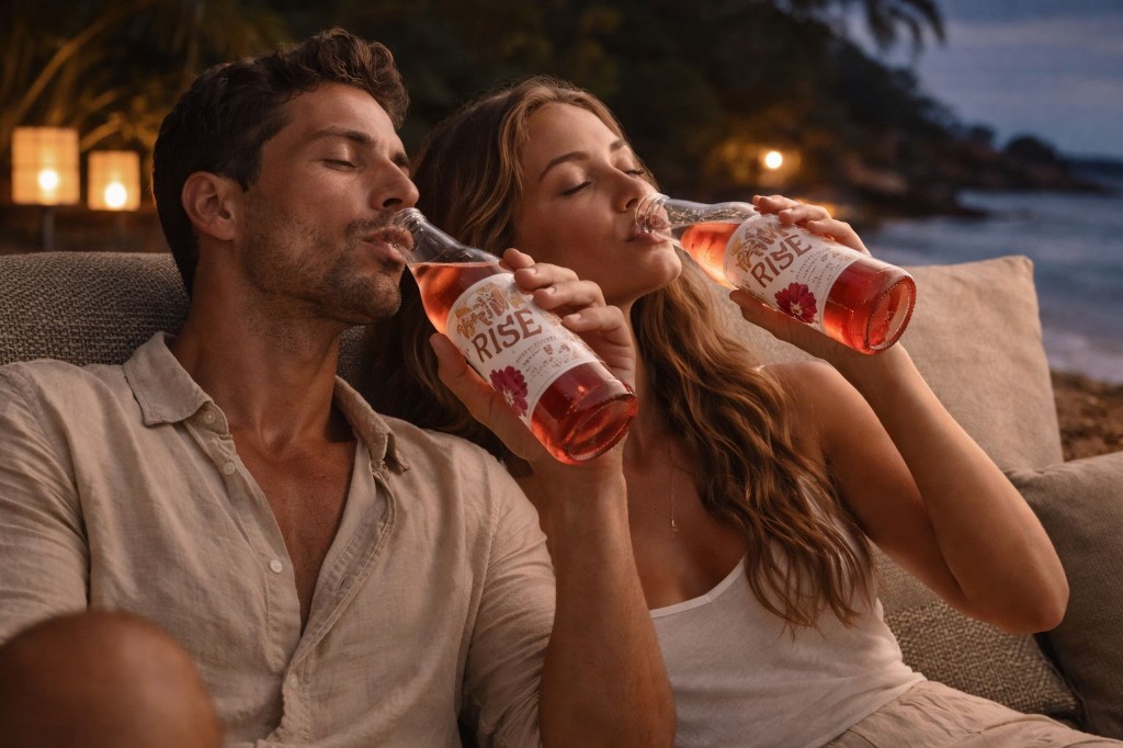 A couple enjoying Prime Rise botanical drinks on a beach at sunset, pink beverage in glass bottles with floral labels.