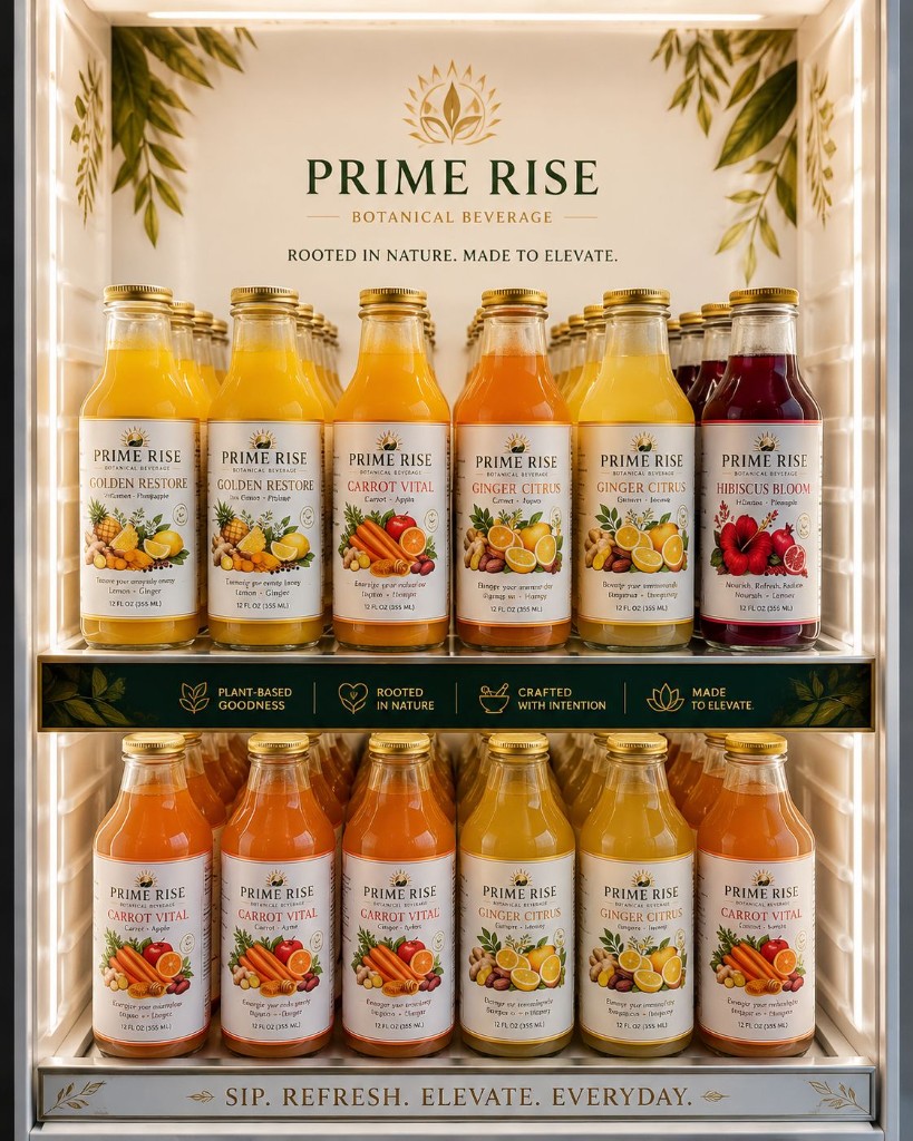 Prime Rise botanical beverages in a refrigerated display — Rooted in nature. Made to elevate.